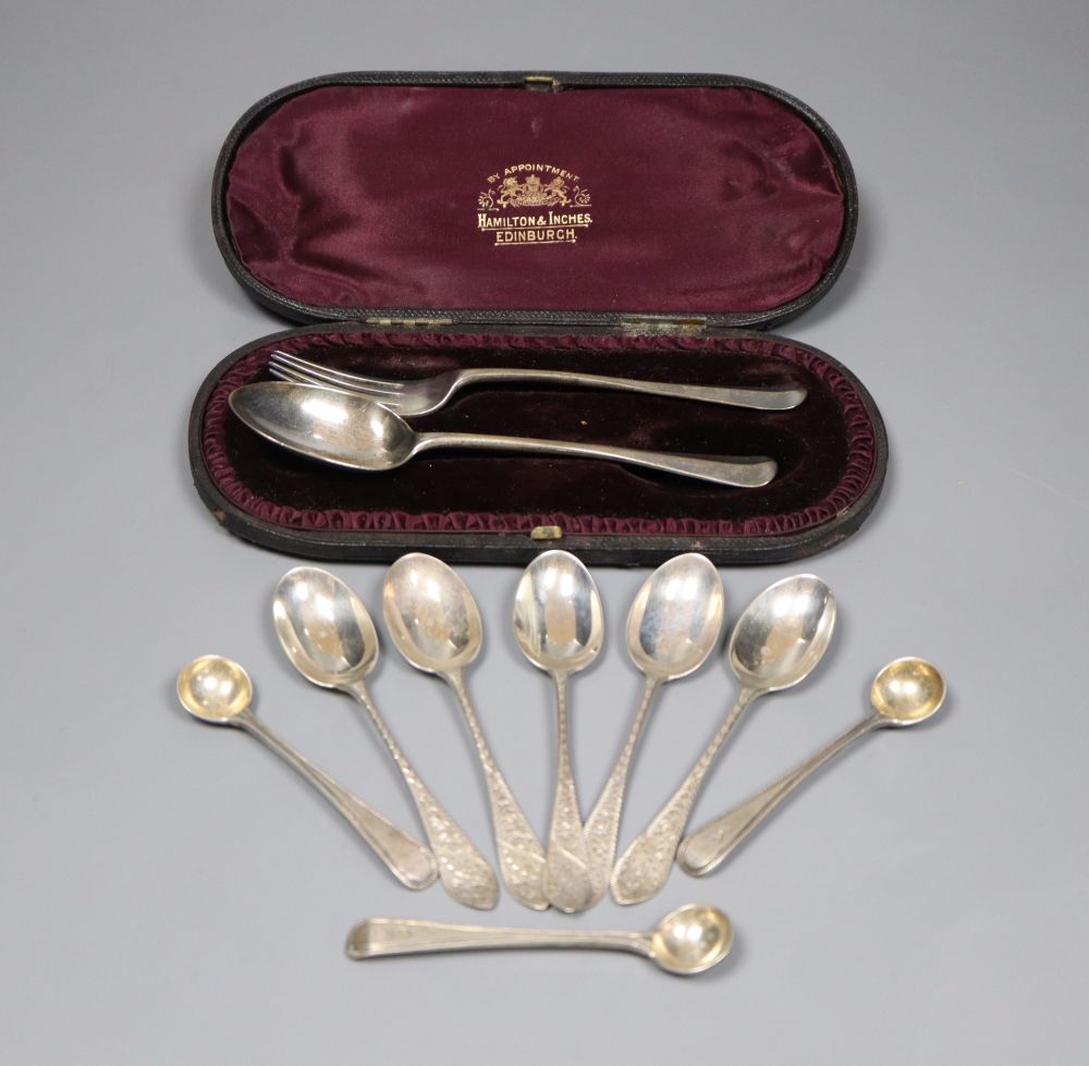 Three Victorian silver beaded old English pattern salt spoons and five other spoons, together with a childs silver spoon and fork (10)